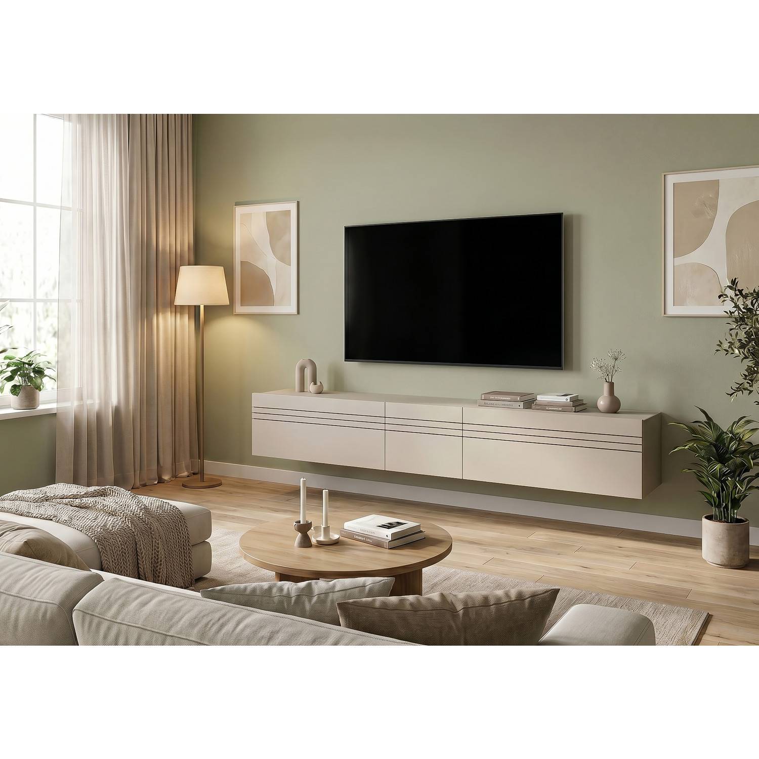 Helles TV Sideboard dreiteilig schwebend im modernen Wohnzimmer unter einem Fernseher – Draguno