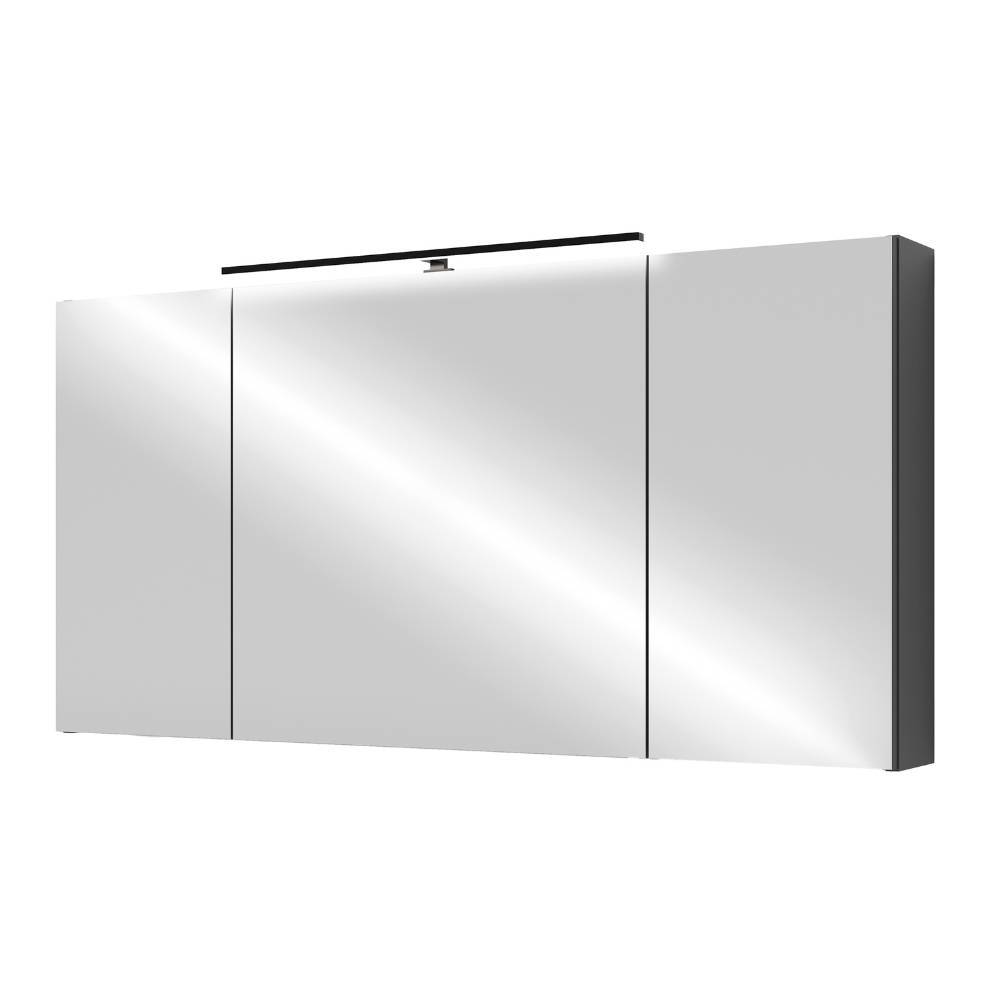 Geschlossener 120cm Badschrank mit Spiegeltüren und LED Beleuchtung, schräge Ansicht – Asta