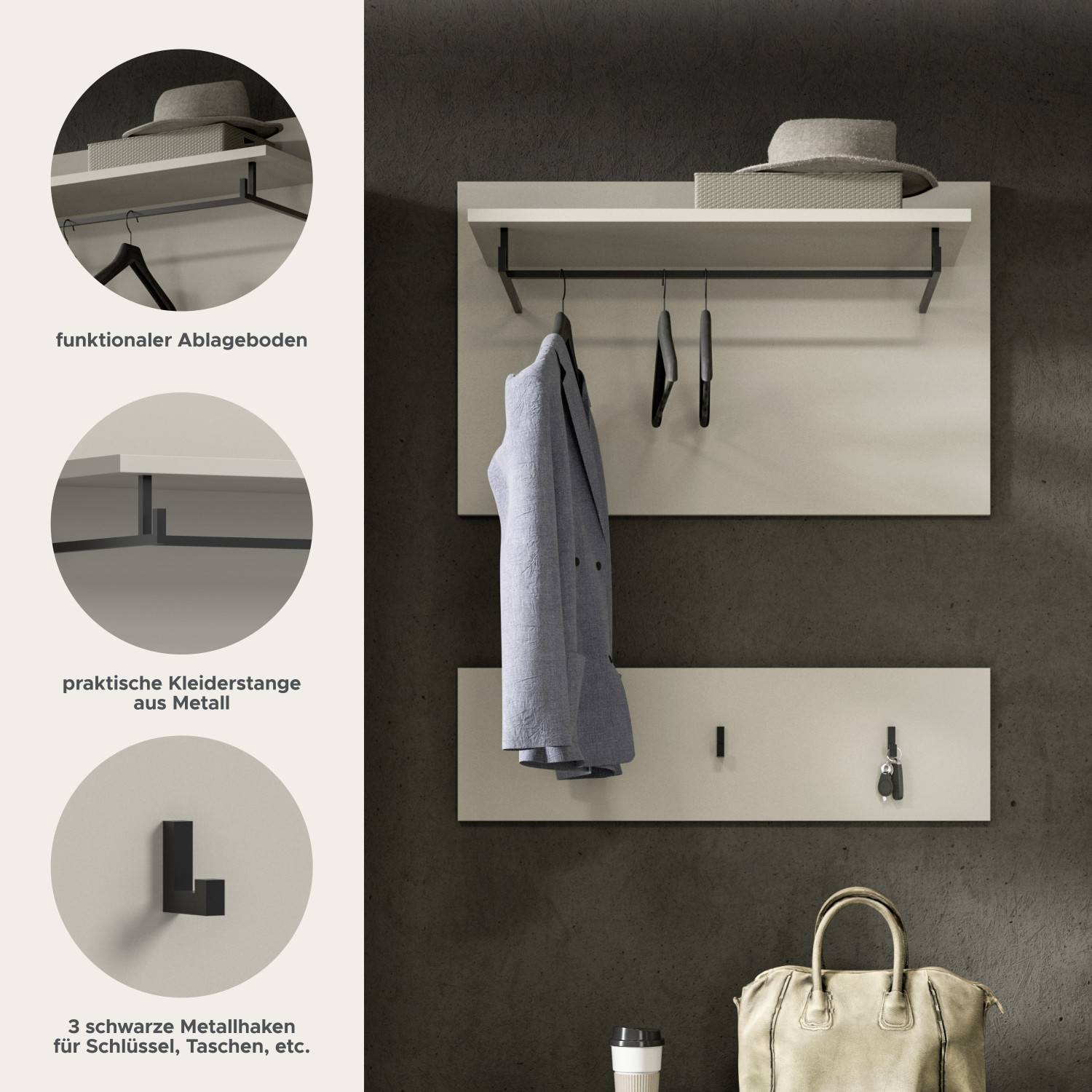 Details des beigen Garderobensets mit Ablageboden, stabiler Kleiderstange und schwarzen Metallhaken – Elvadia