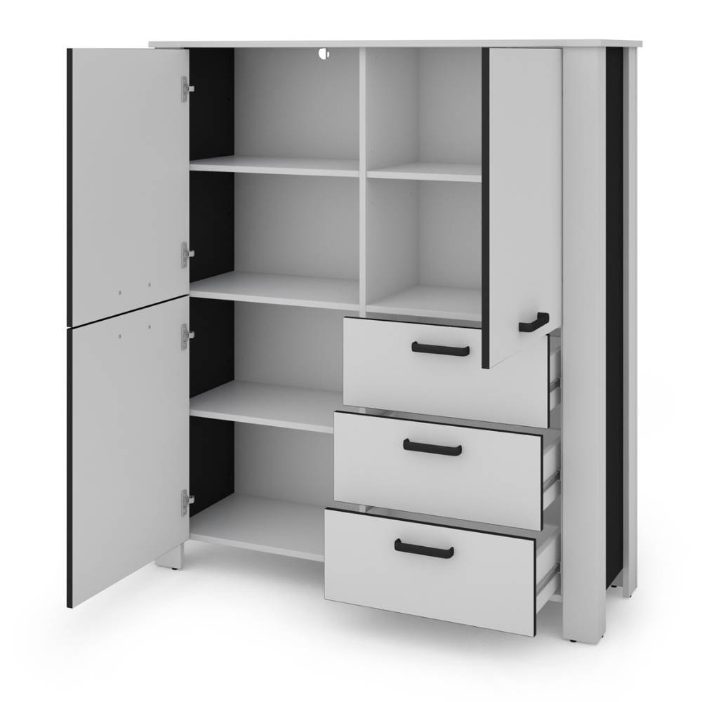 Offenes Highboard mit variablen Einlegeböden und drei Schubladen für viel Stauraum – Planet
