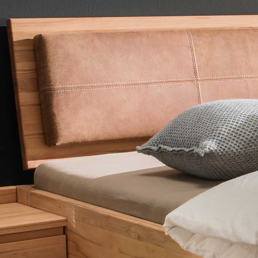 Kernbuche Bett mit Lederpolster am Kopfteil - Socotta