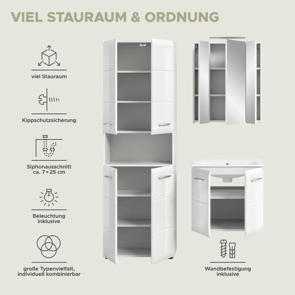 Weißes Badmöbel Set mit viel Stauraum, Beleuchtung und cleveren Funktionen – Clona