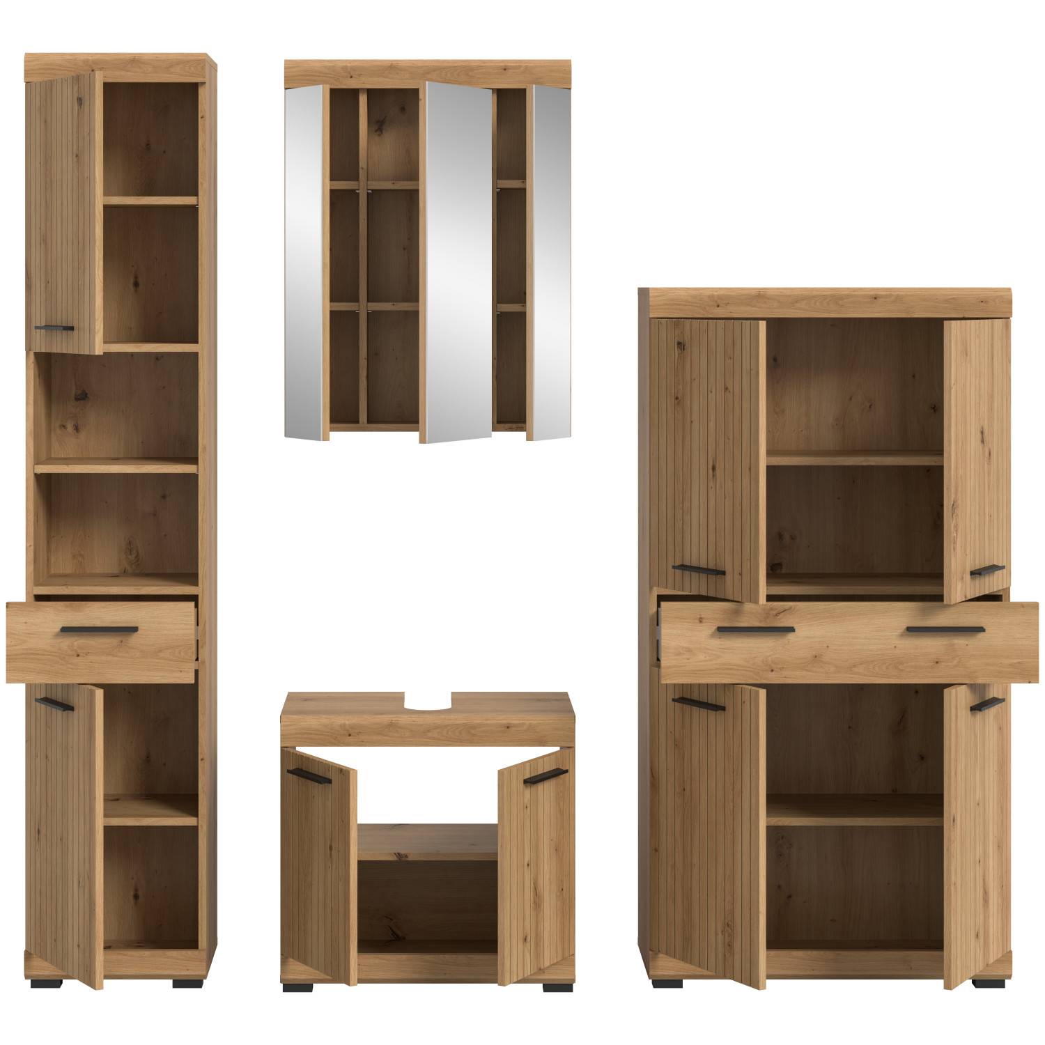Vierteiliges Badmöbelset offen mit Einlegeböden und Spiegelschrank – Lasewood