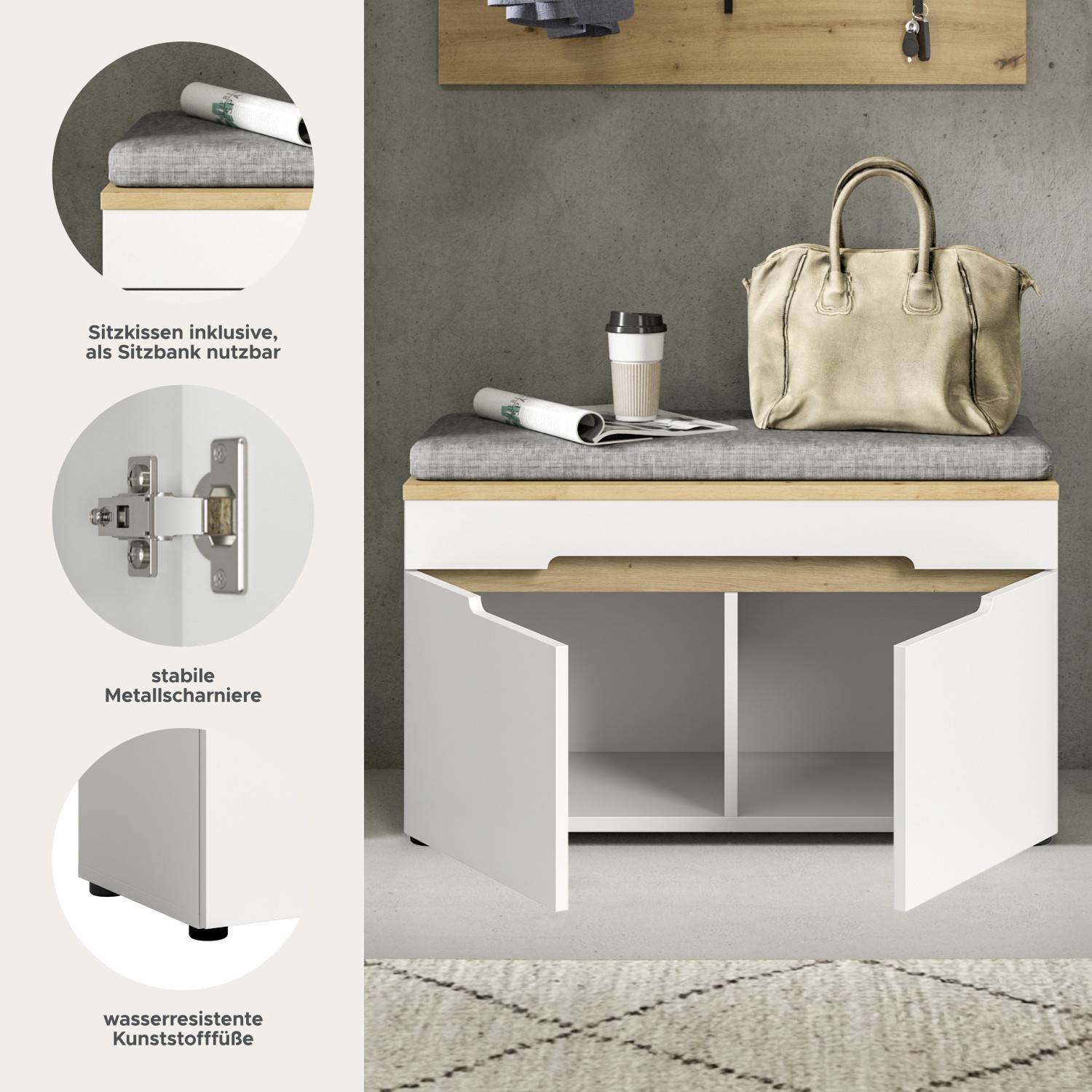 Schuhbank 2er Set mit Sitzkissen, stabilen Metallscharnieren und wasserresistenten Füßen – Sandy