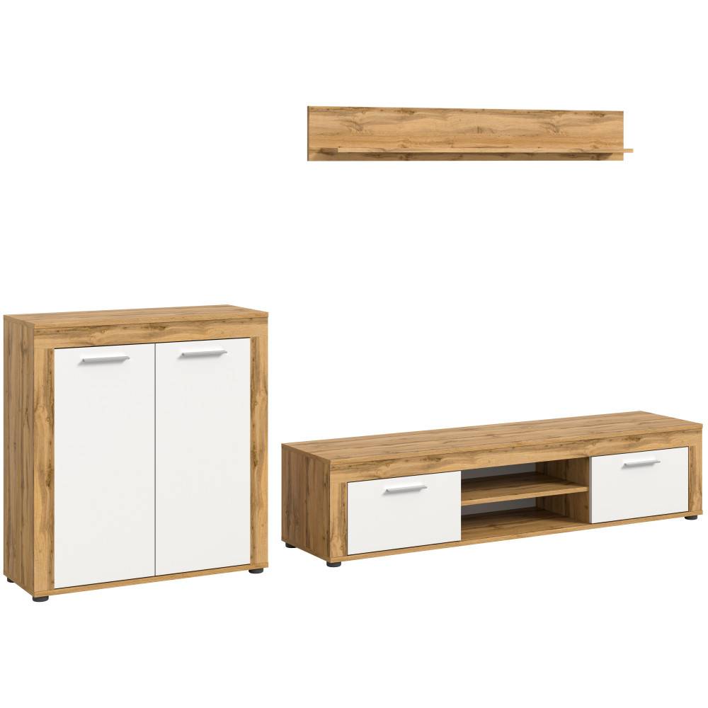 Wohnzimmer Möbelkombination mit TV-Bank, Hängeregal und Schrank in Holzoptik – Jatiga