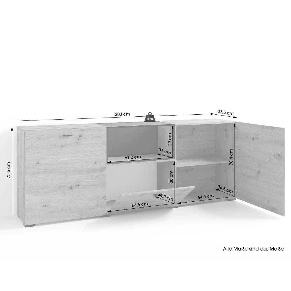 Sideboard in Wildeiche Optik Maße und Abmessungen, detaillierte Größenangaben – Sidervide