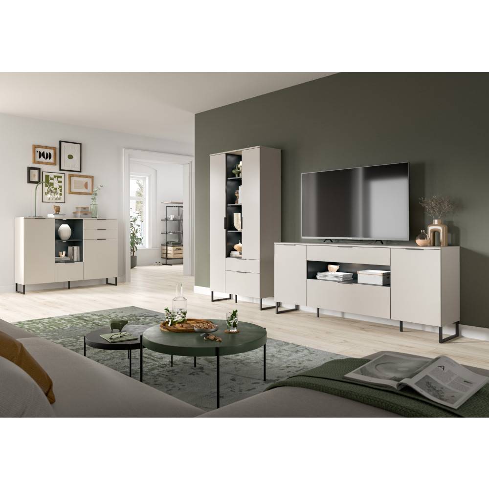 Elegante Wohnwand bestehend aus einem Hochschrank und einem TV-Möbel in Hellgrau – Ostinia