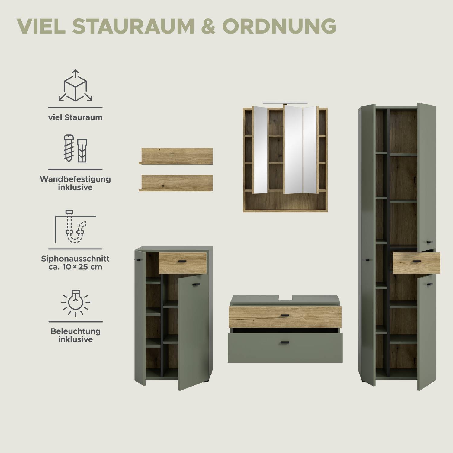 Komplettes sechsteiliges Waschplatz Set in Olivgrün mit Spiegelschrank, Hochschrank, Stauraum und Beleuchtung – Jubby
