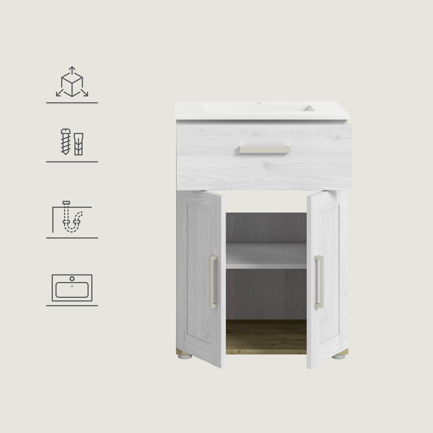 Grauer Waschbeckenunterschrank mit Symbolen für kompaktes Design und Keramikwaschbecken – Tocella