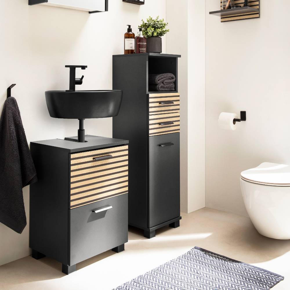 Schmaler Waschbeckenunterschrank 40cm in Anthrazit mit Holzfront im Badezimmer – Zyrian