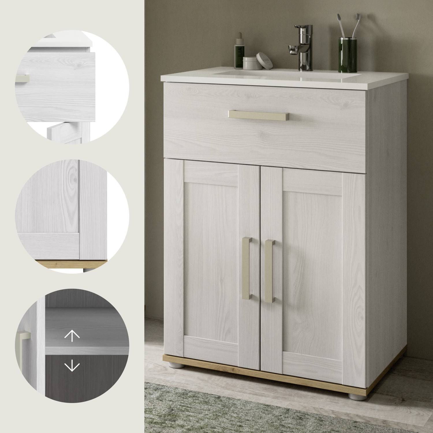 Grauer Waschbeckenunterschrank mit Holzmaserung, verstellbarem Einlegeboden und Sockeldetails – Tocella