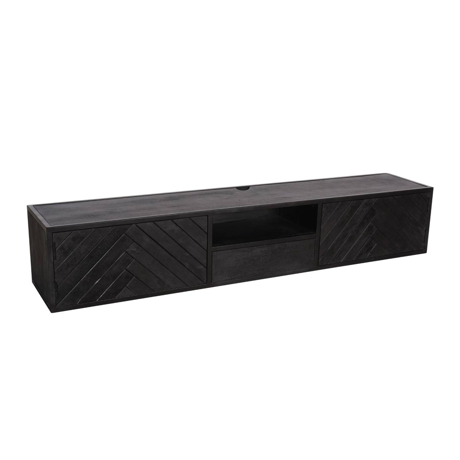 Schwarzes TV Lowboard mit Fischgrätmuster und offener Ablage – Lida