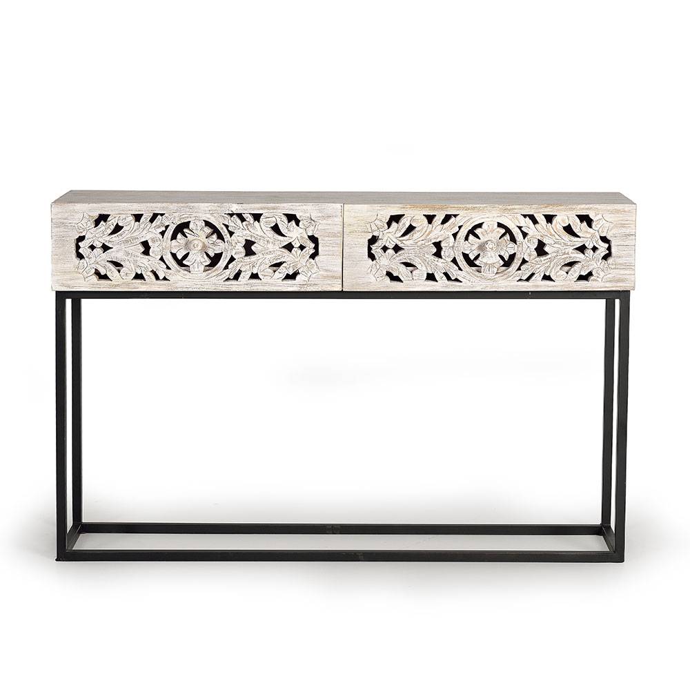 Vintage Konsolentisch mit zwei geschnitzten Schubladen in White Wash Holzoptik und schwarzem Metallgestell – Anatto