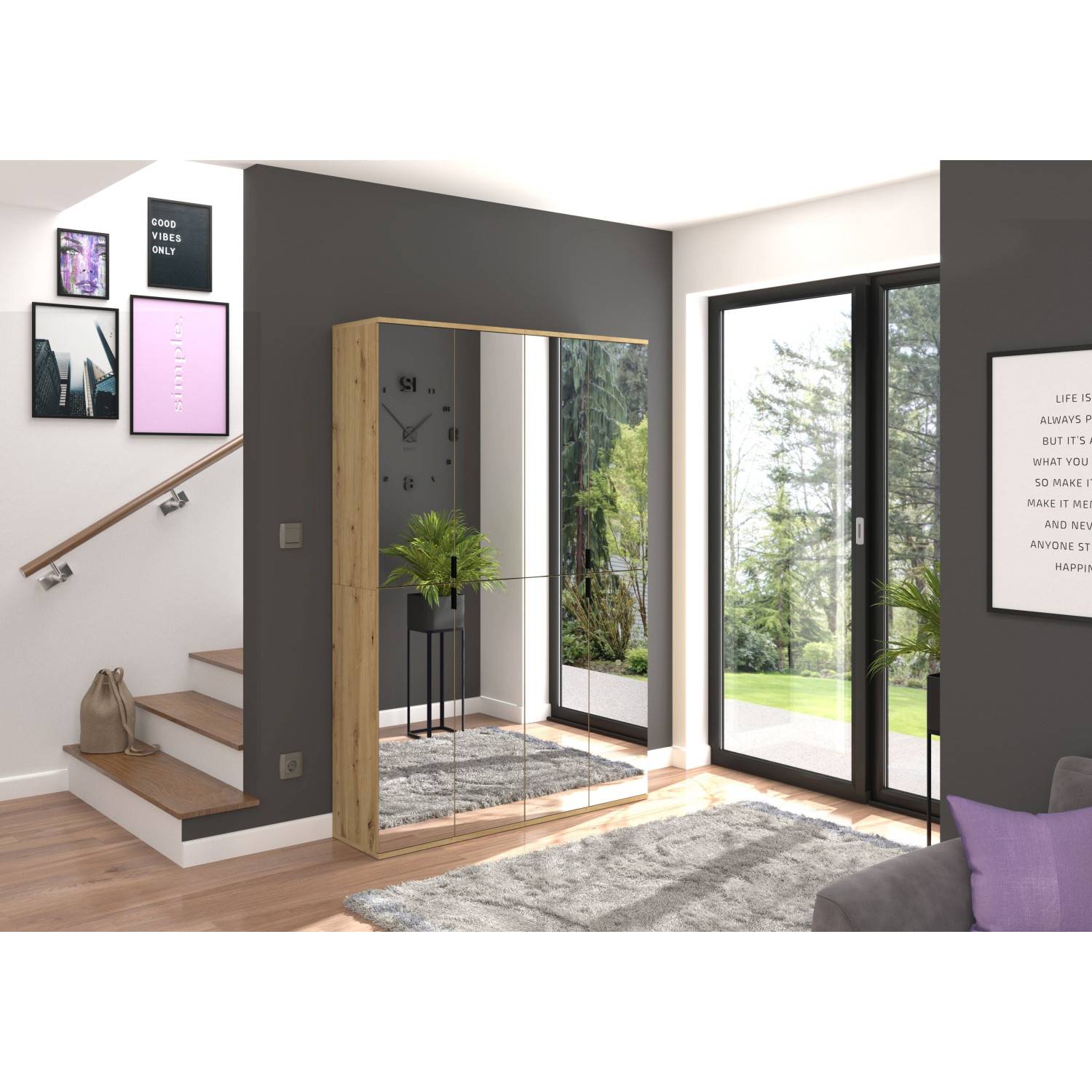 Garderobenschrank mit vier Spiegeltüren in Eiche-Optik für den Eingangsbereich – Pretty