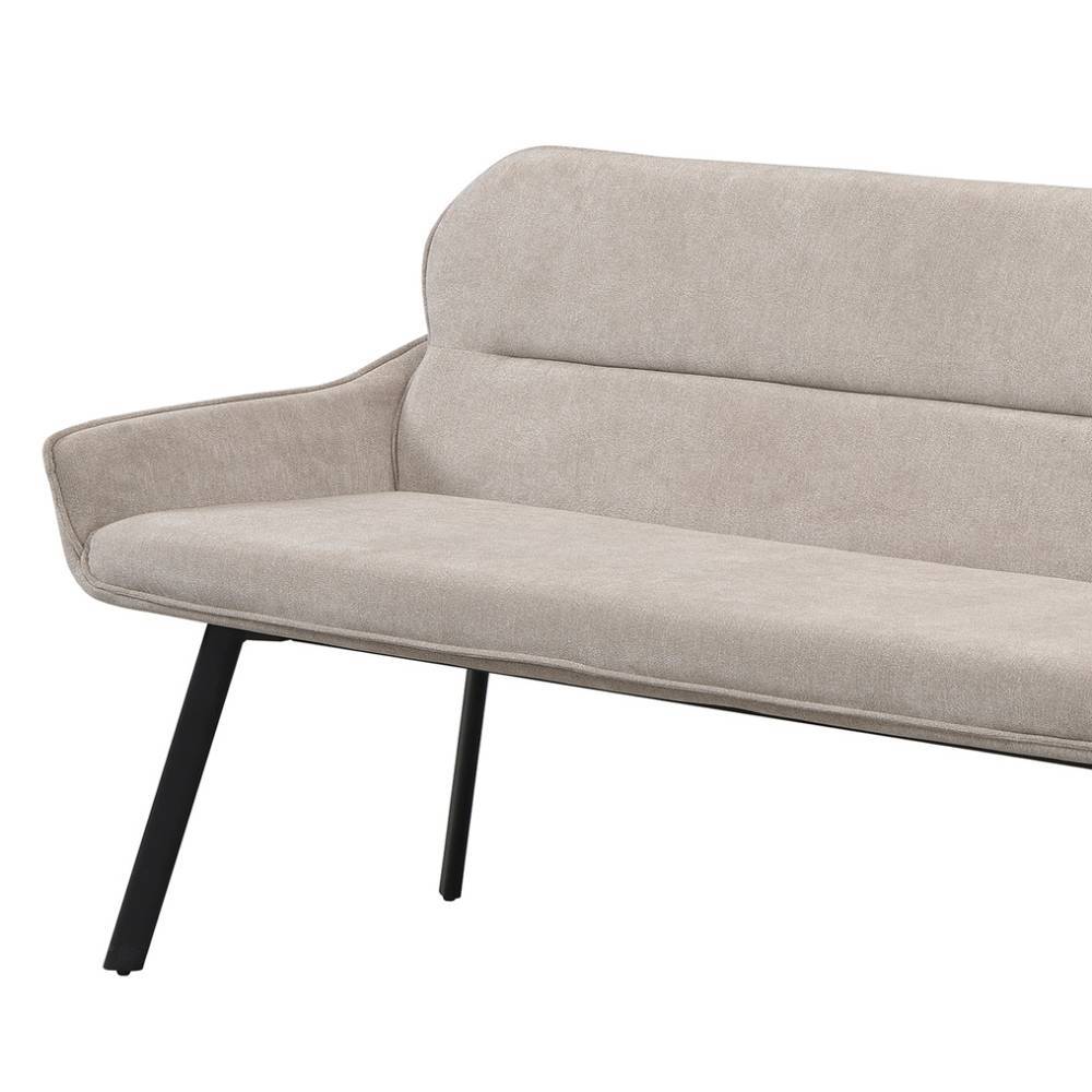Vorderansicht des gepolsterten Esszimmersofas in Taupe mit bequemer Rückenlehne für den Essbereich – Fridoloria