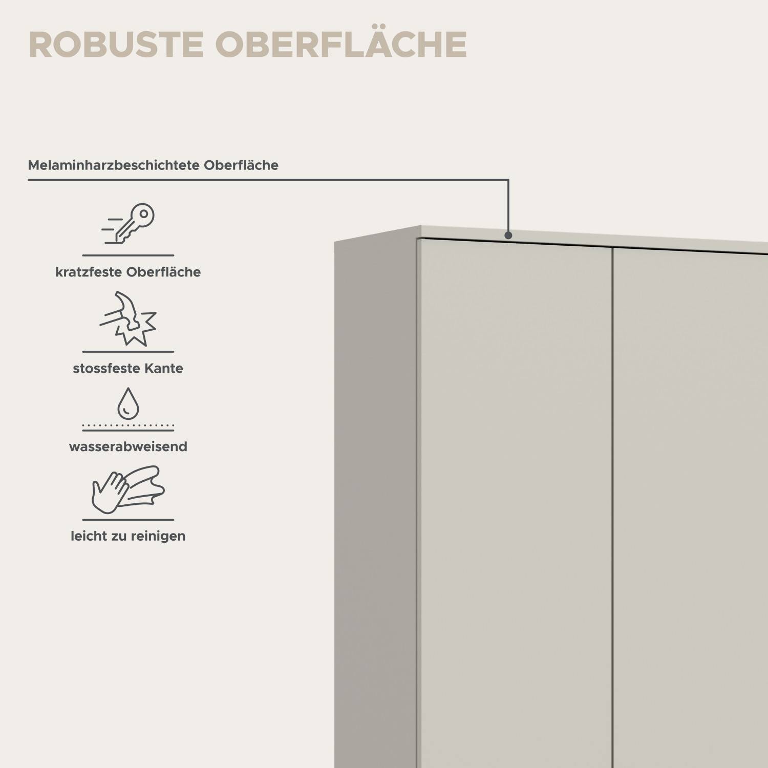 Robuste, kratzfeste und wasserabweisende Oberfläche der Garderobenkombination für leichte Pflege – Meho