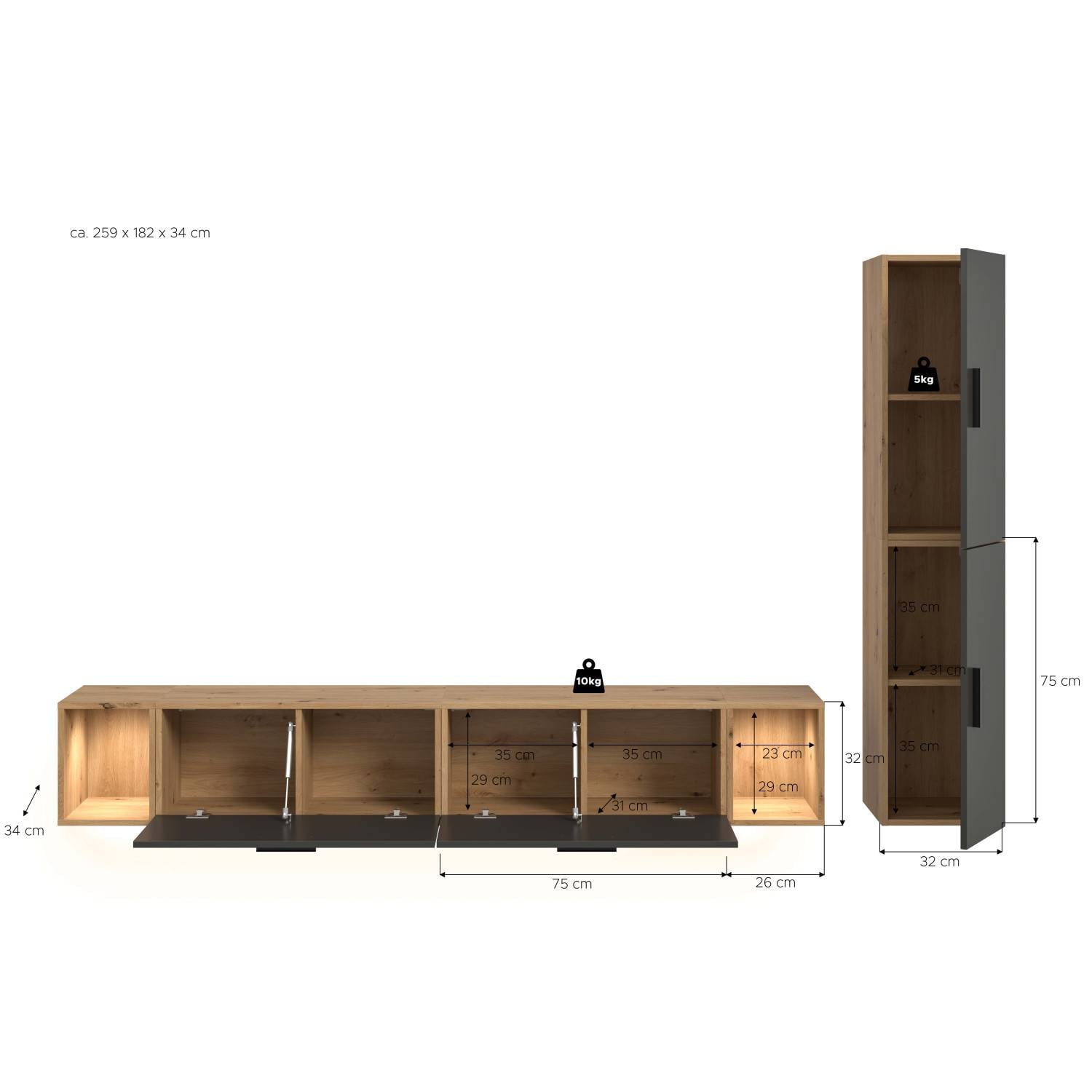 Maße und Abmessungen der grauen Medienwand mit Lowboard und hohem Schrank – Estoron