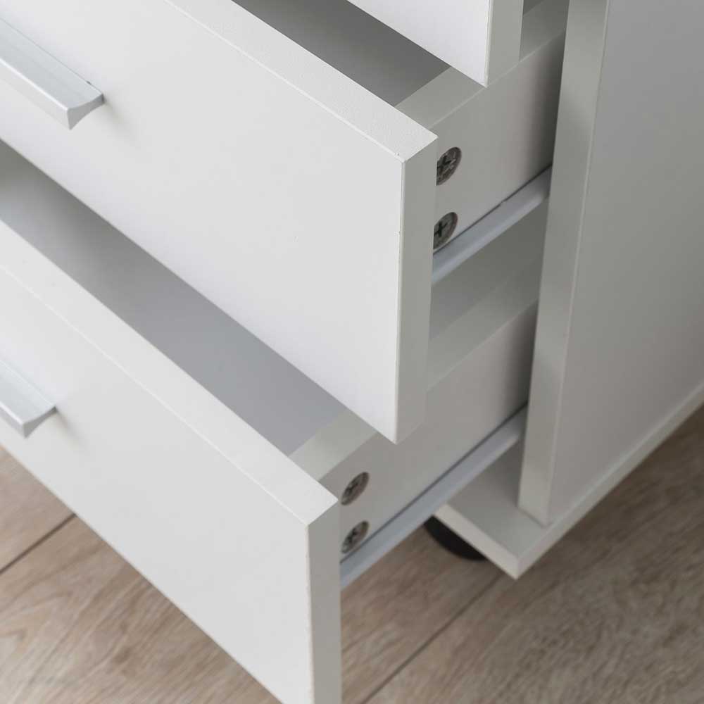 Geöffnete Schubladen des weißen Rollcontainers zeigen den Stauraum und die Auszüge – Amare