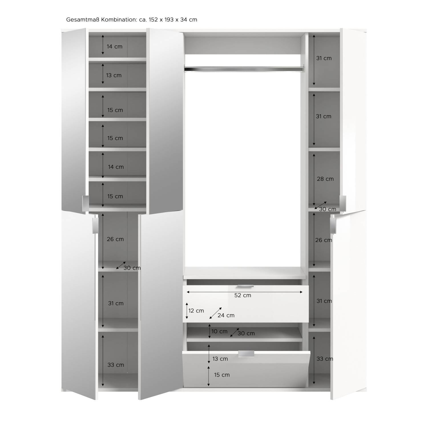 Kompaktgarderobe Maße und Abmessungen der dreiteiligen Schrankelemente und Innenfächer – Pretty