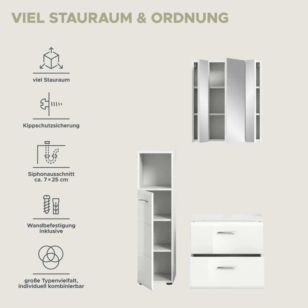 Badschrank Spiegel dreiteilig mit Stauraum, Kippschutz und Wandbefestigung – Clona