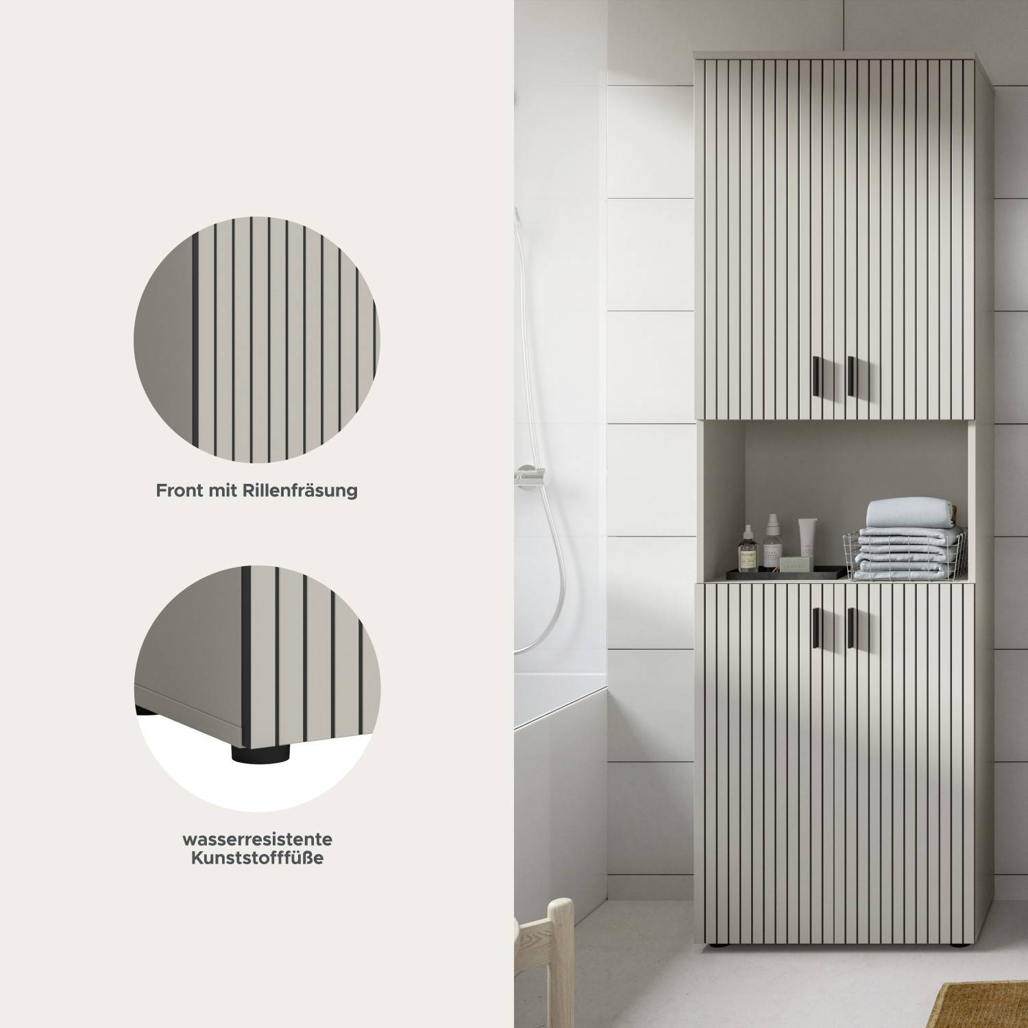 Attraktive Front mit Rillenfräsung und wasserresistente Kunststofffüße des Schranks – Loktos