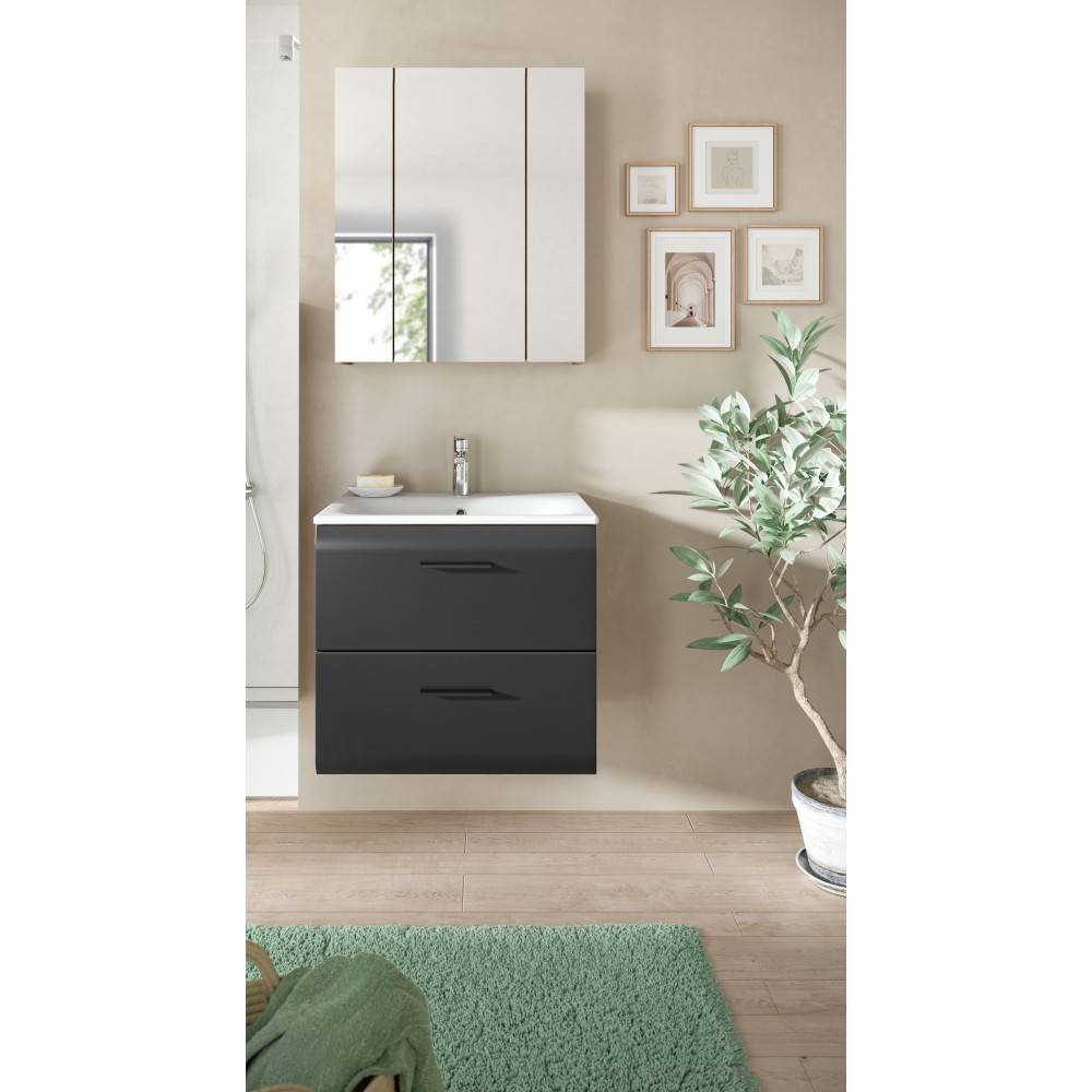 Waschplatz Set mit Waschtischunterschrank und Spiegelschrank in Anthrazit mit gerundeten Fronten – Karina