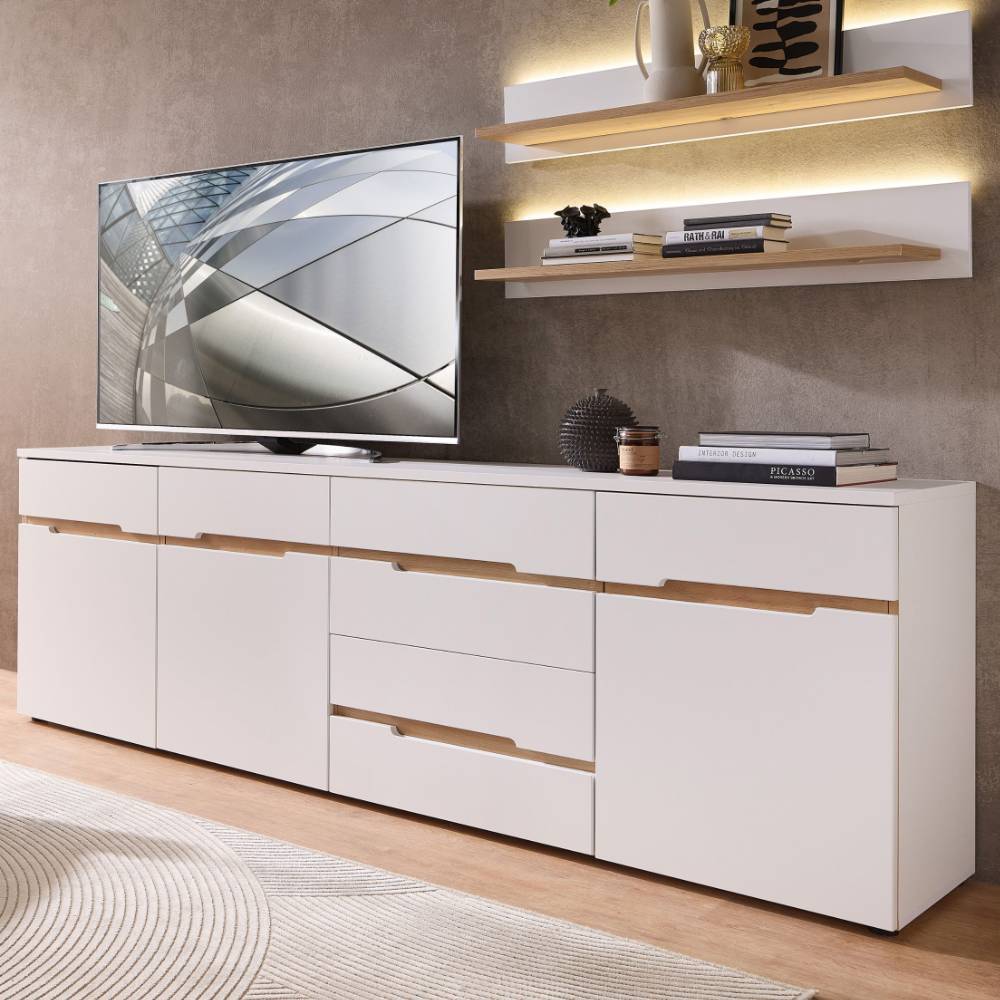 TV Kommode in Weiß und Eiche Optik - Anesto