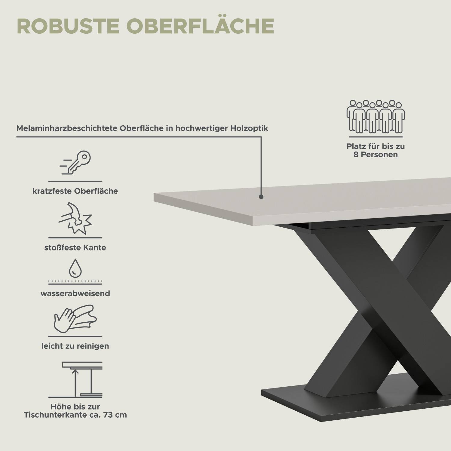 Robuste Esstisch Oberfläche in Holzoptik, kratzfest, wasserabweisend und für 8 Personen – Nexter