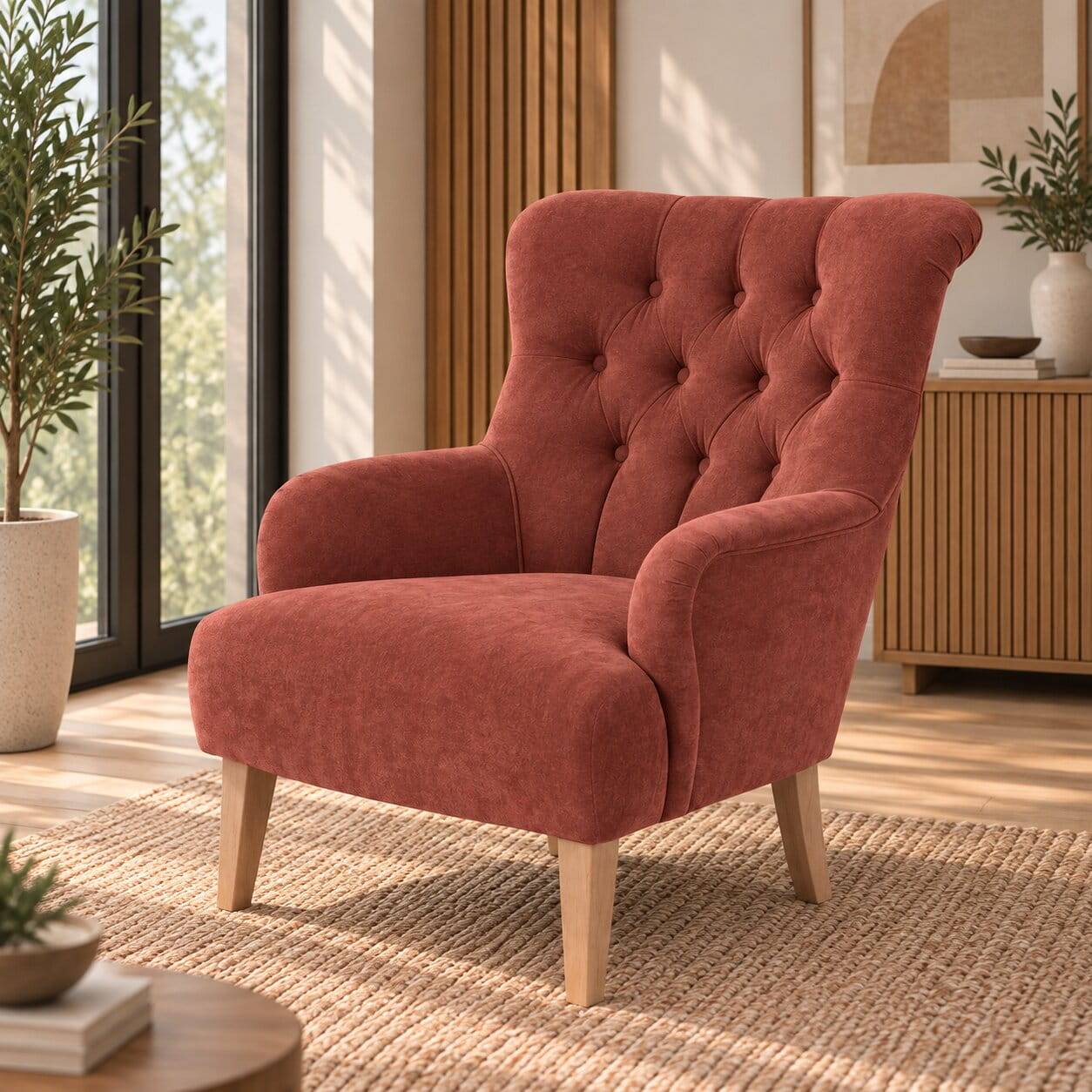 Vintage Sessel in Terracotta Velours mit Holzbeinen aus Buche