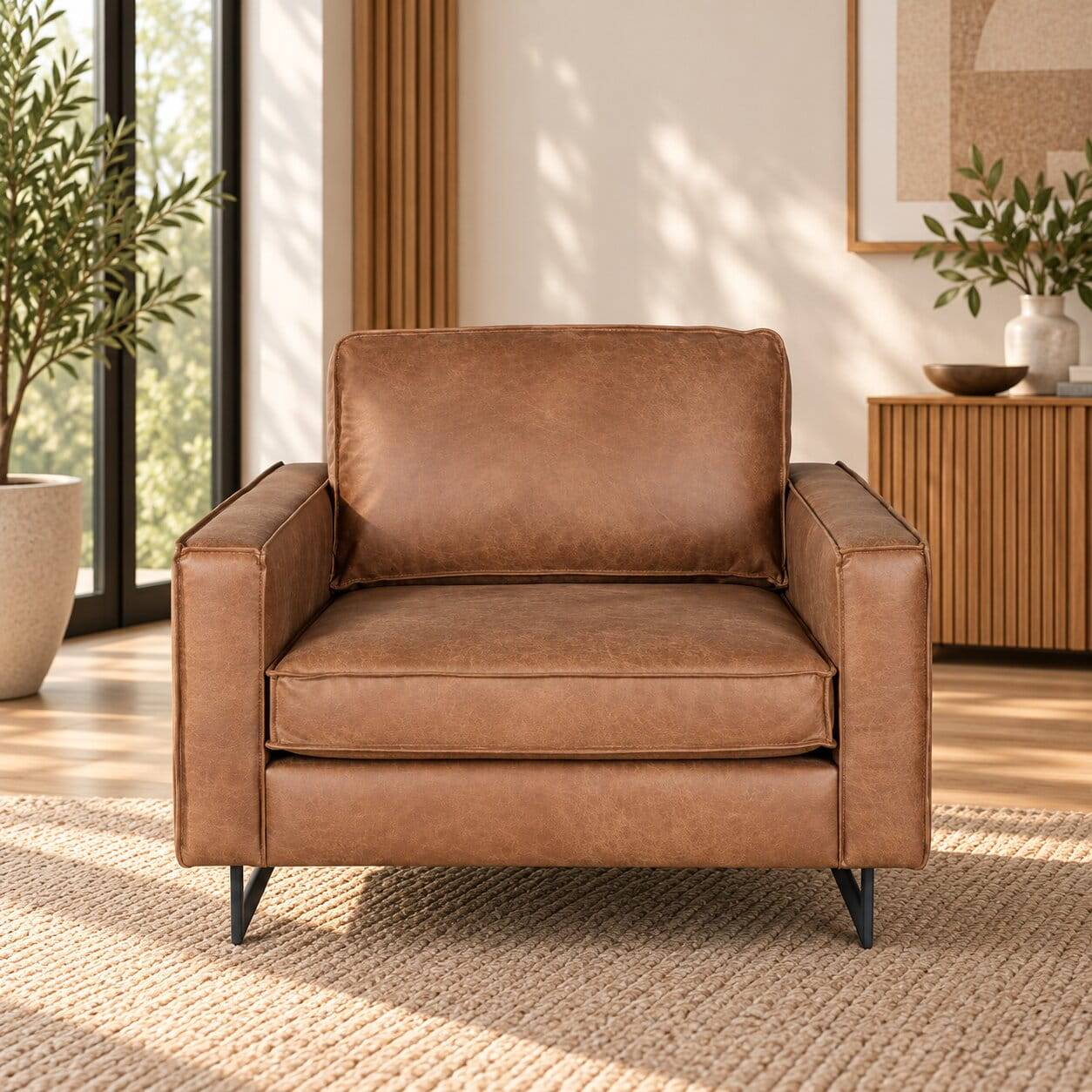 Moderner Ledersessel in Cognac Braun aus Recyclingleder mit Metallkufen