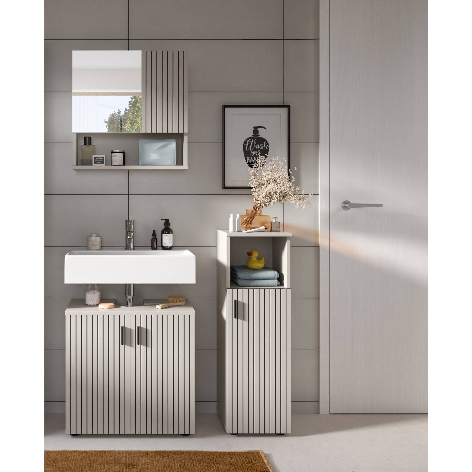 Modernes Badezimmermöbel Set mit Waschtischunterschrank, Spiegelschrank und Beistellschrank – Loktos