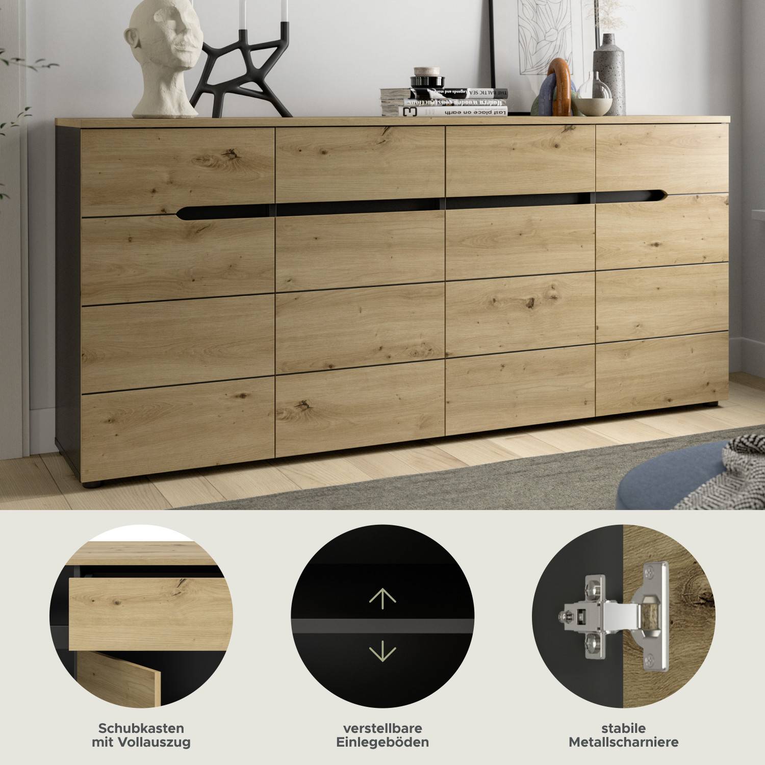 Kommode mit Schubkästen mit Vollauszug, verstellbaren Einlegeböden und stabilen Metallscharnieren – Irysma