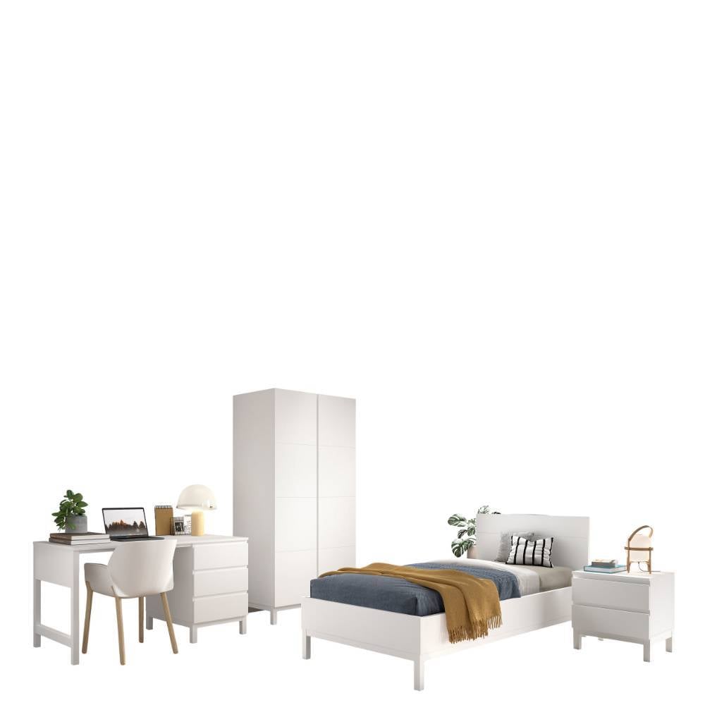 Weißes Jugendzimmer Möbelset vierteilig mit Bett, Schrank, Schreibtisch und Nachttisch – Crocinol
