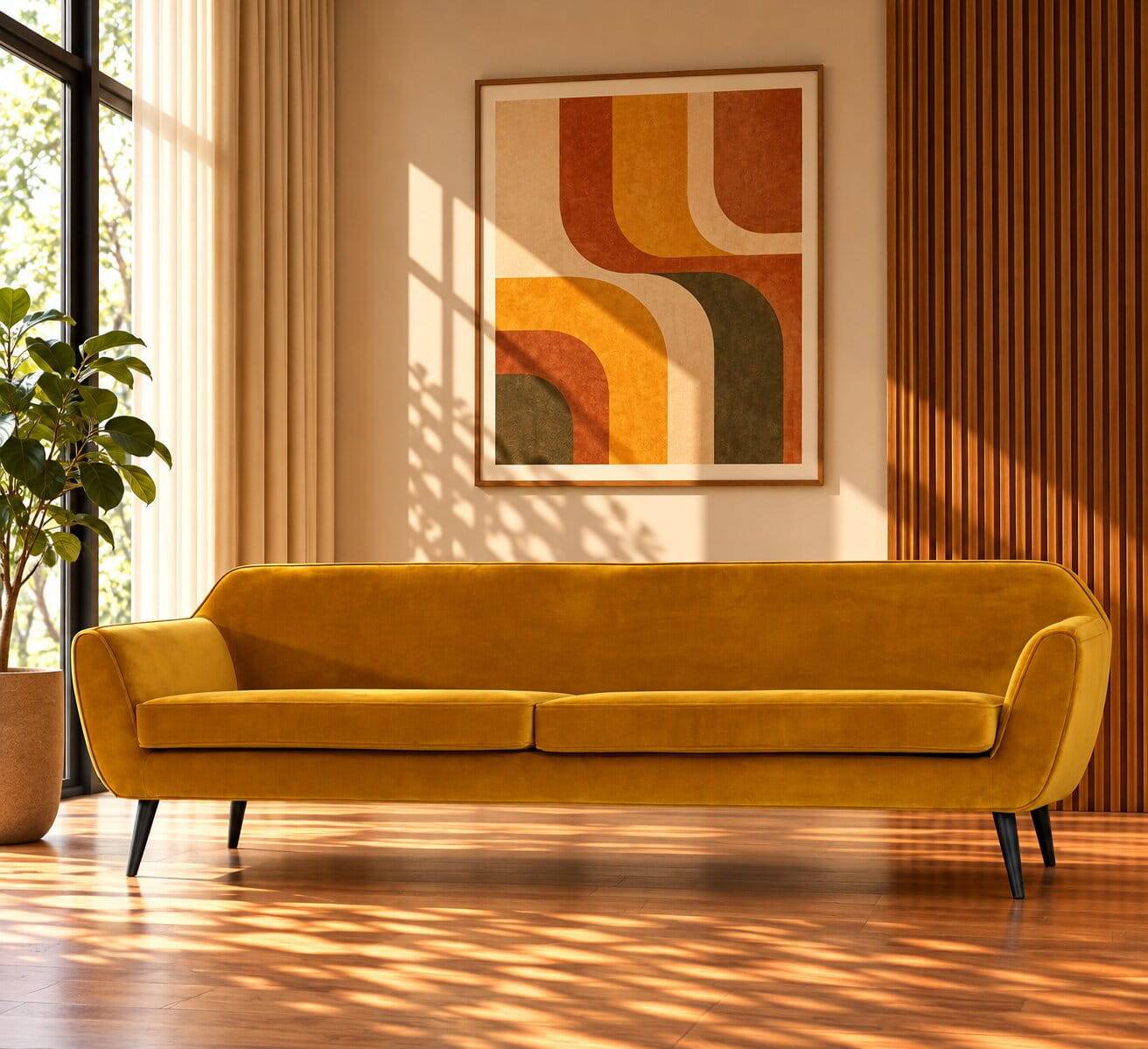 Retro Style 3er Sofa aus Samt Gelb - Ergonio