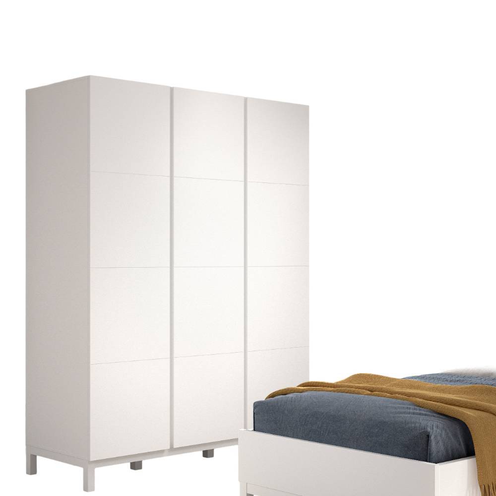 Weißer dreitüriger Kleiderschrank und Bettgestell für Jugendzimmer – Crocinol