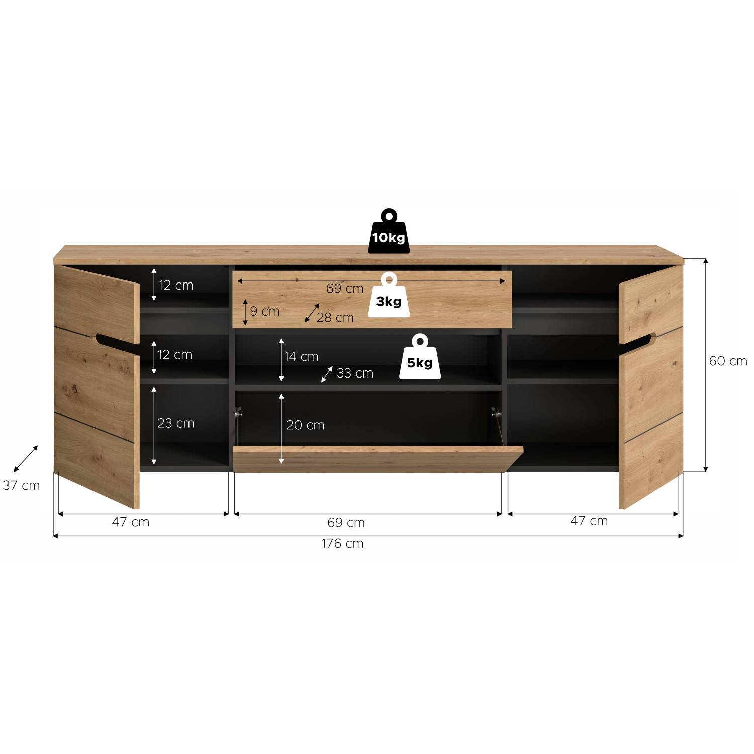 Sideboard Maße und Abmessungen mit Belastbarkeitsangaben für Schubladen und Fächer – Irysma