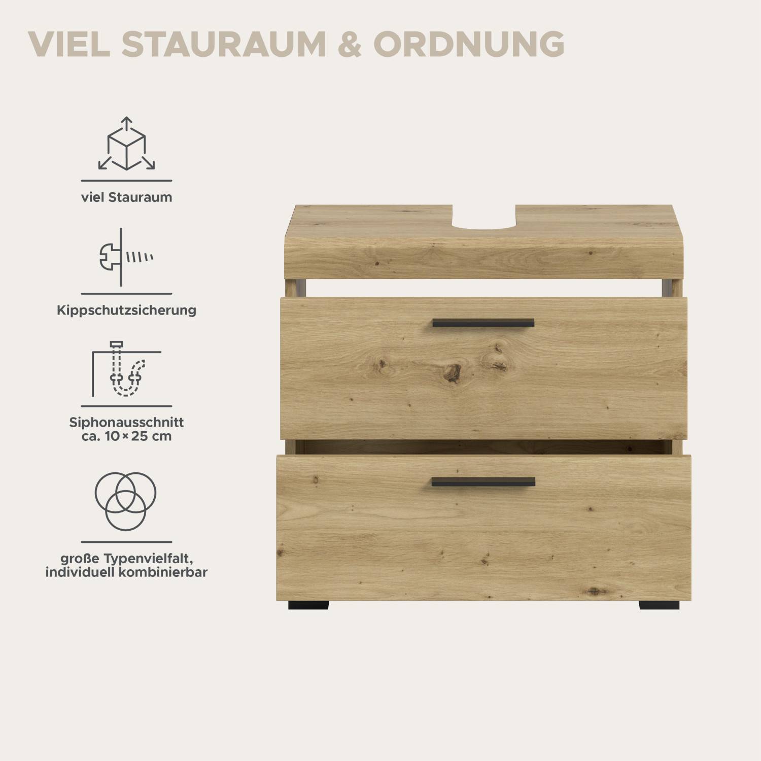 Waschtischunterbau mit viel Stauraum Siphonausschnitt und Kippschutzsicherung für das Badezimmer – Lasewood
