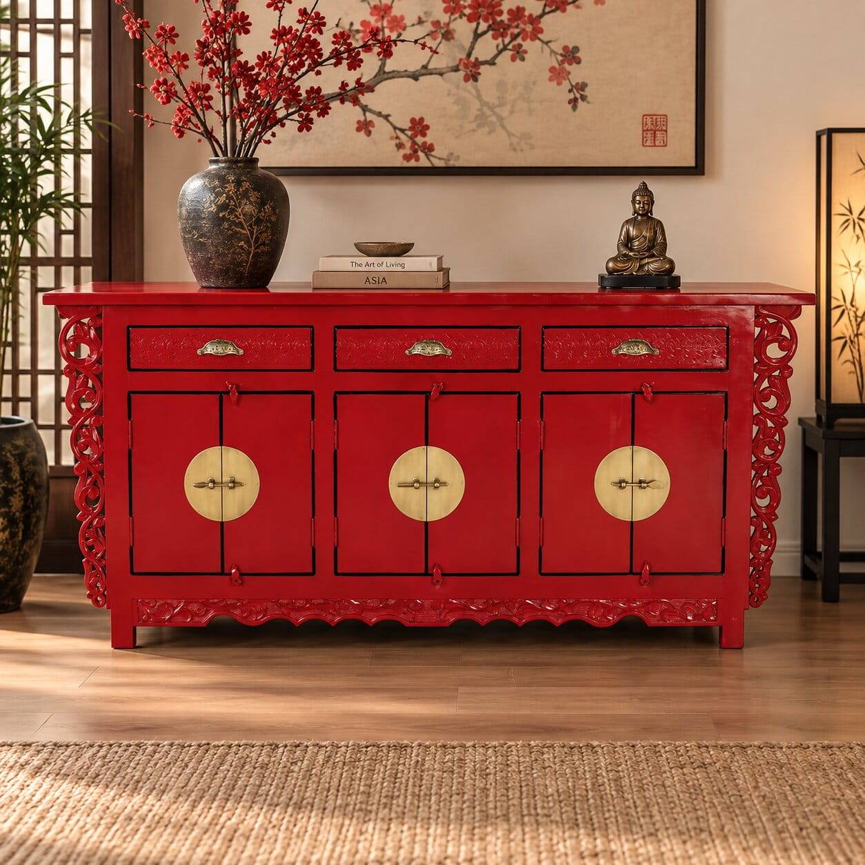 Asia Design Sideboard aus Massivholz in Rot - Iscian
