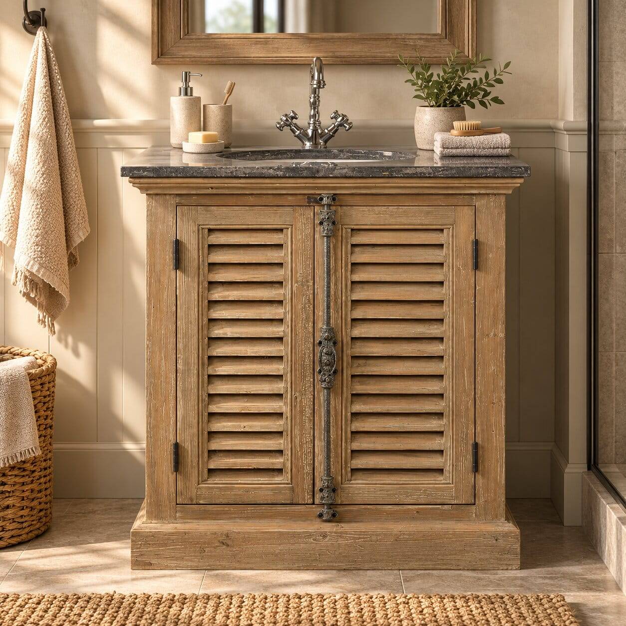 Landhaus Waschtisch mit Becken & Steinplatte Harrosands & Kiefer Antik teilmassiv