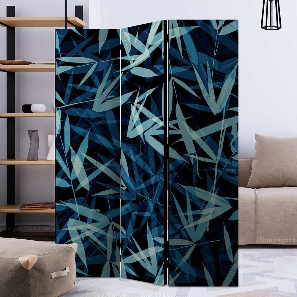 Bambus Blätter Motiv Paravent in Blau & Schwarz - Yvons