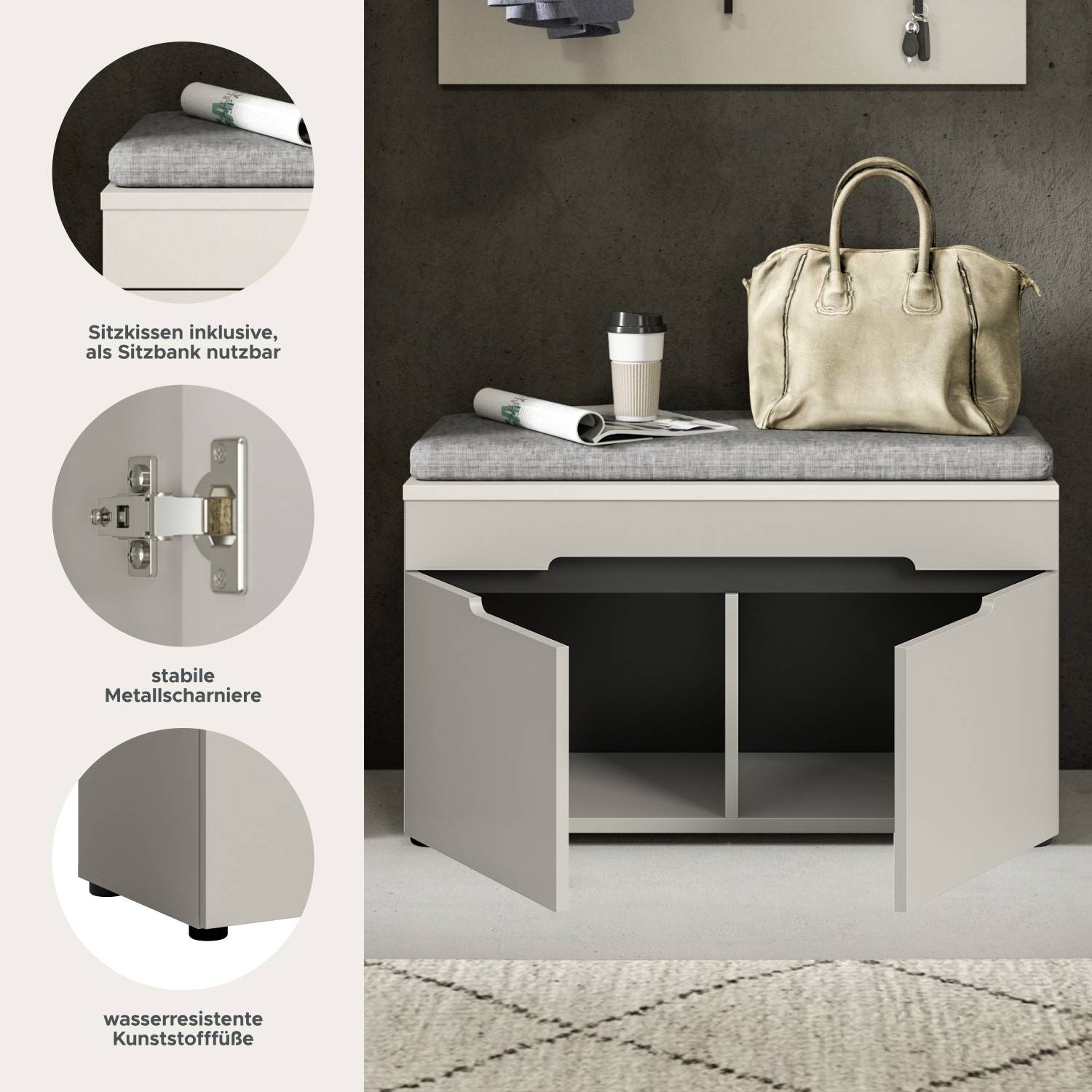 Schuhbank in hellem Taupe mit Sitzkissen, stabilen Metallscharnieren und Kunststofffüßen – Elvadia