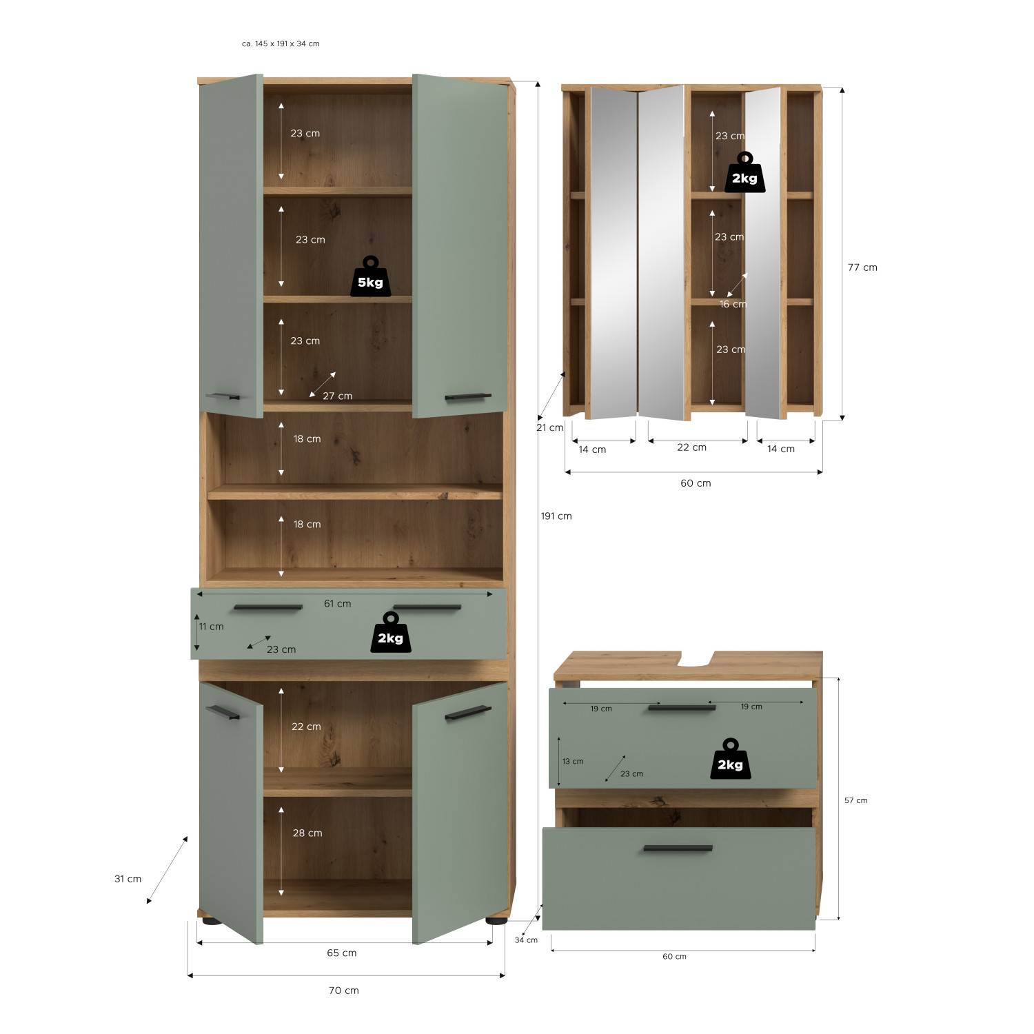Maße und Abmessungen des dreiteiligen Badezimmerset Luzanos mit Hochschrank, Spiegelschrank und Waschtischunterschrank – Luzanos