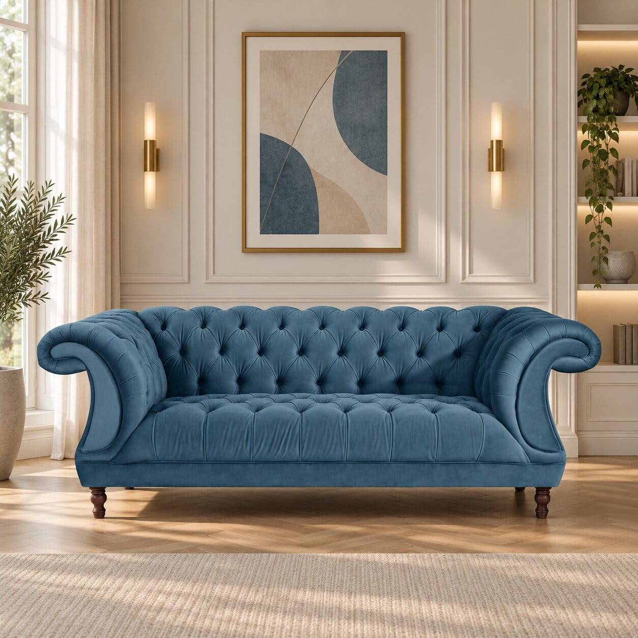 Barockcouch in Petrol Blau und Nussbaum Braun - Jim