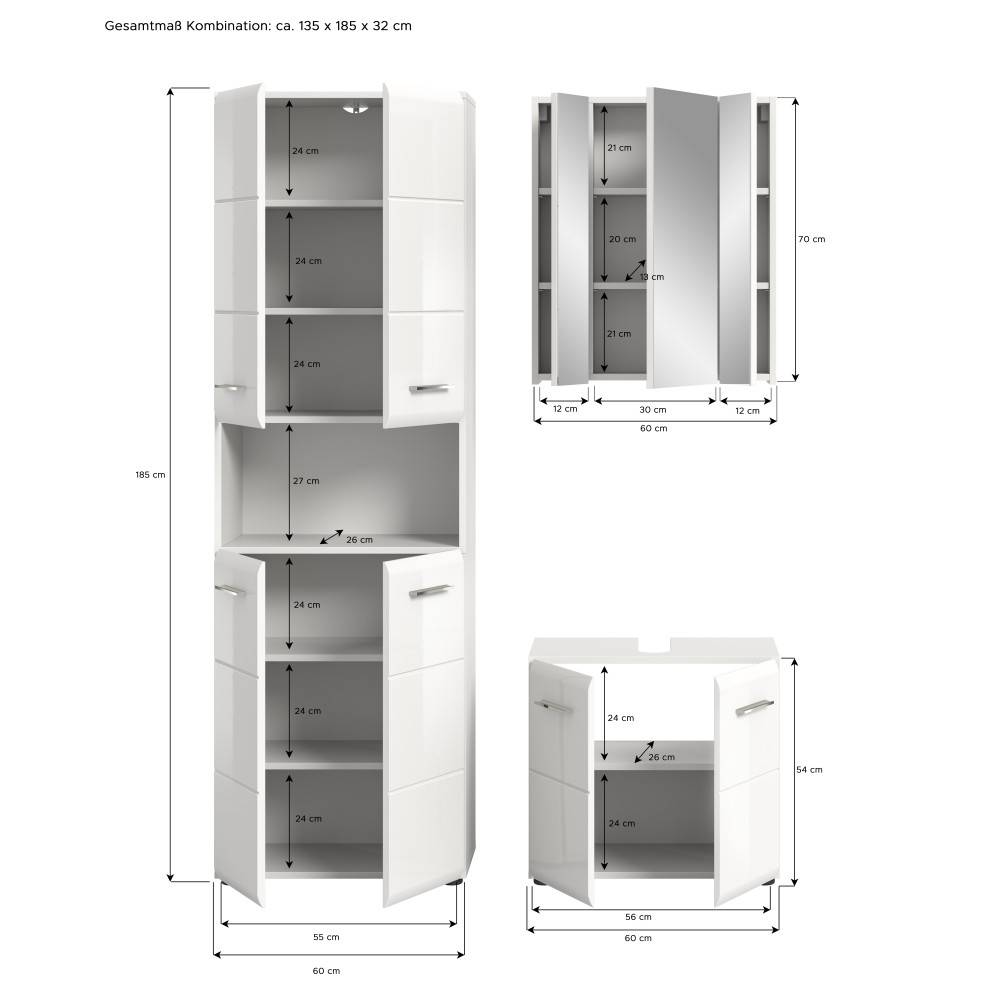 Weißes dreiteiliges Badmöbelset Maße und Abmessungen von Hochschrank, Spiegelschrank und Unterschrank – Clona
