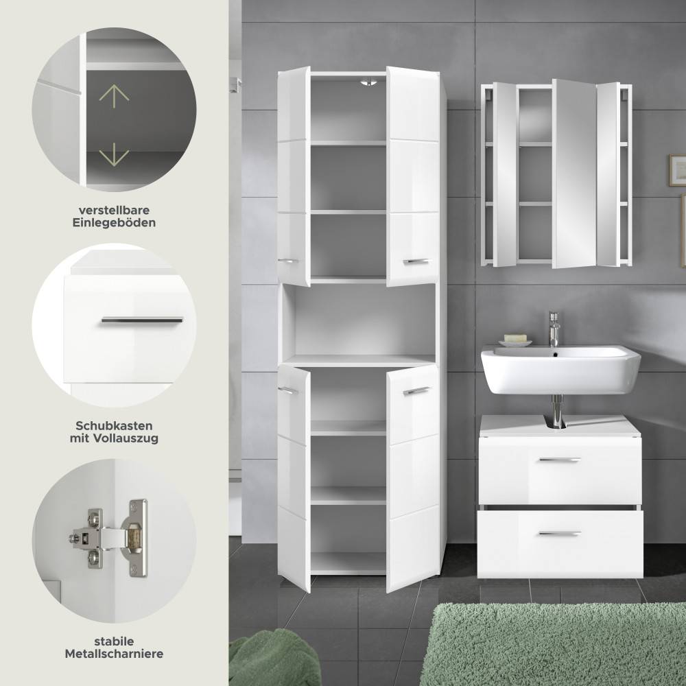 Funktionen des Badezimmermöbelsets mit verstellbaren Einlegeböden und Vollauszug-Schubkästen – Clona