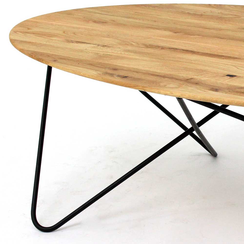 Wohnzimmertisch oval aus Massivholz Eiche mit schwarzem Spinnengestell aus Metall – Milenia