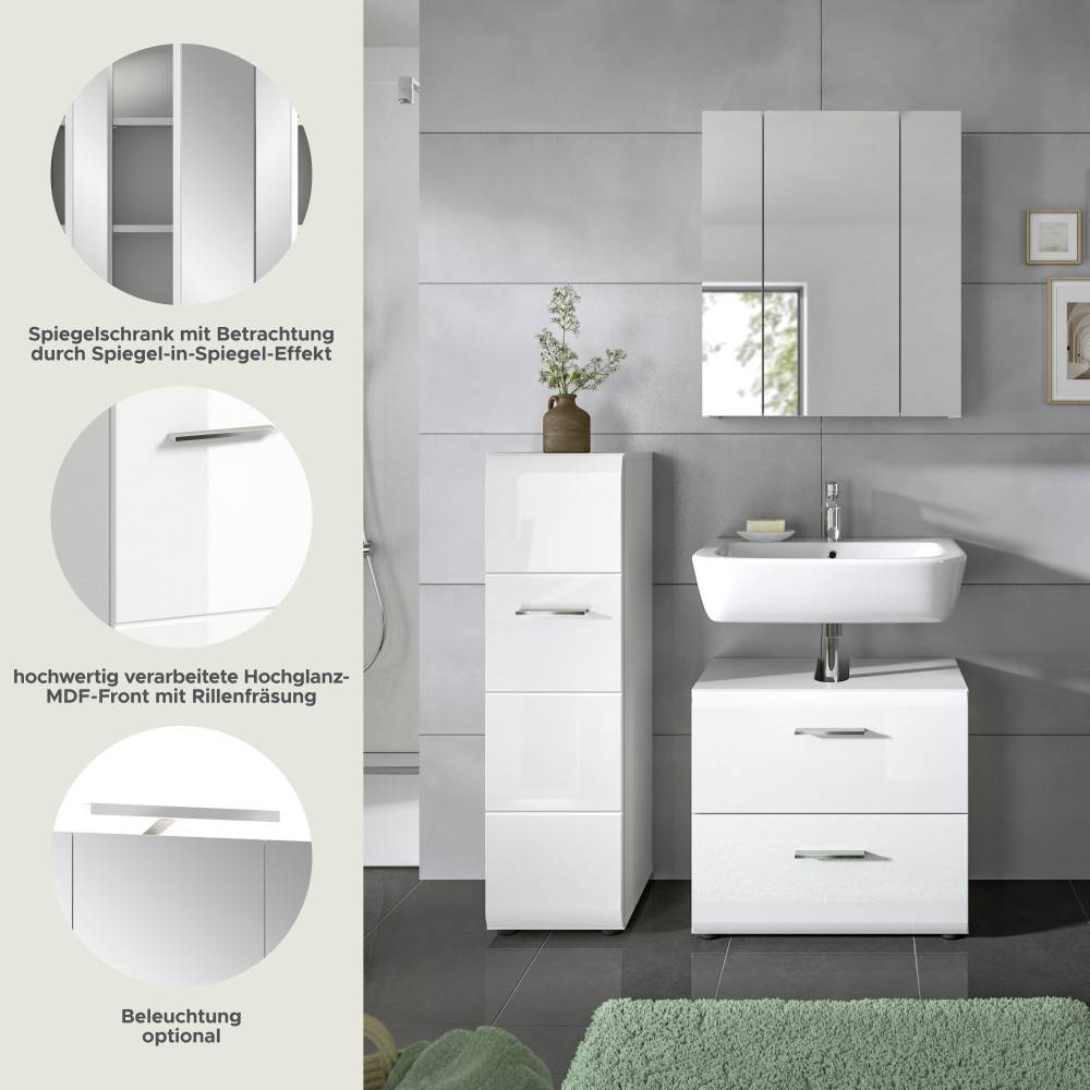 Spiegelschrank mit Spiegel-in-Spiegel-Effekt und Hochglanz-MDF-Fronten der Badmöbel – Clona