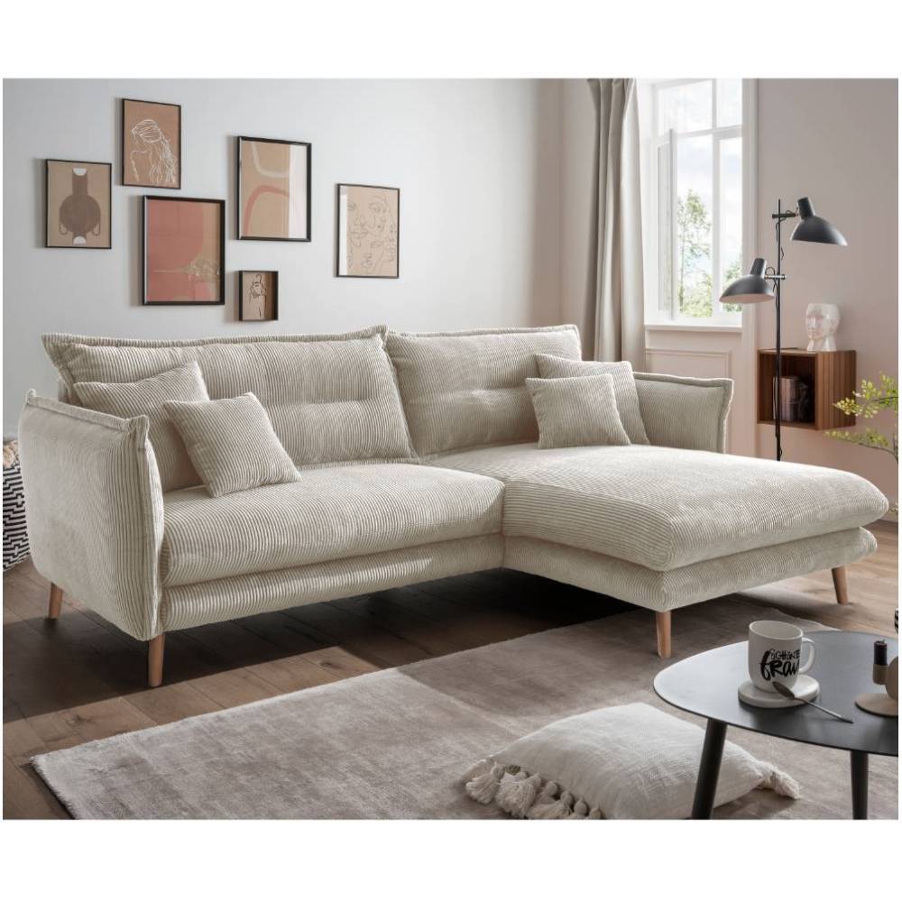 Eckcouch in Beige und Holz Natur - Posky