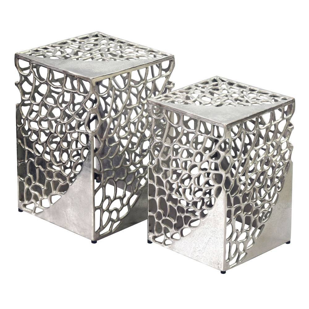 Zweiteilige Beistelltische in Silber mit modernem Gitterdesign – Floto