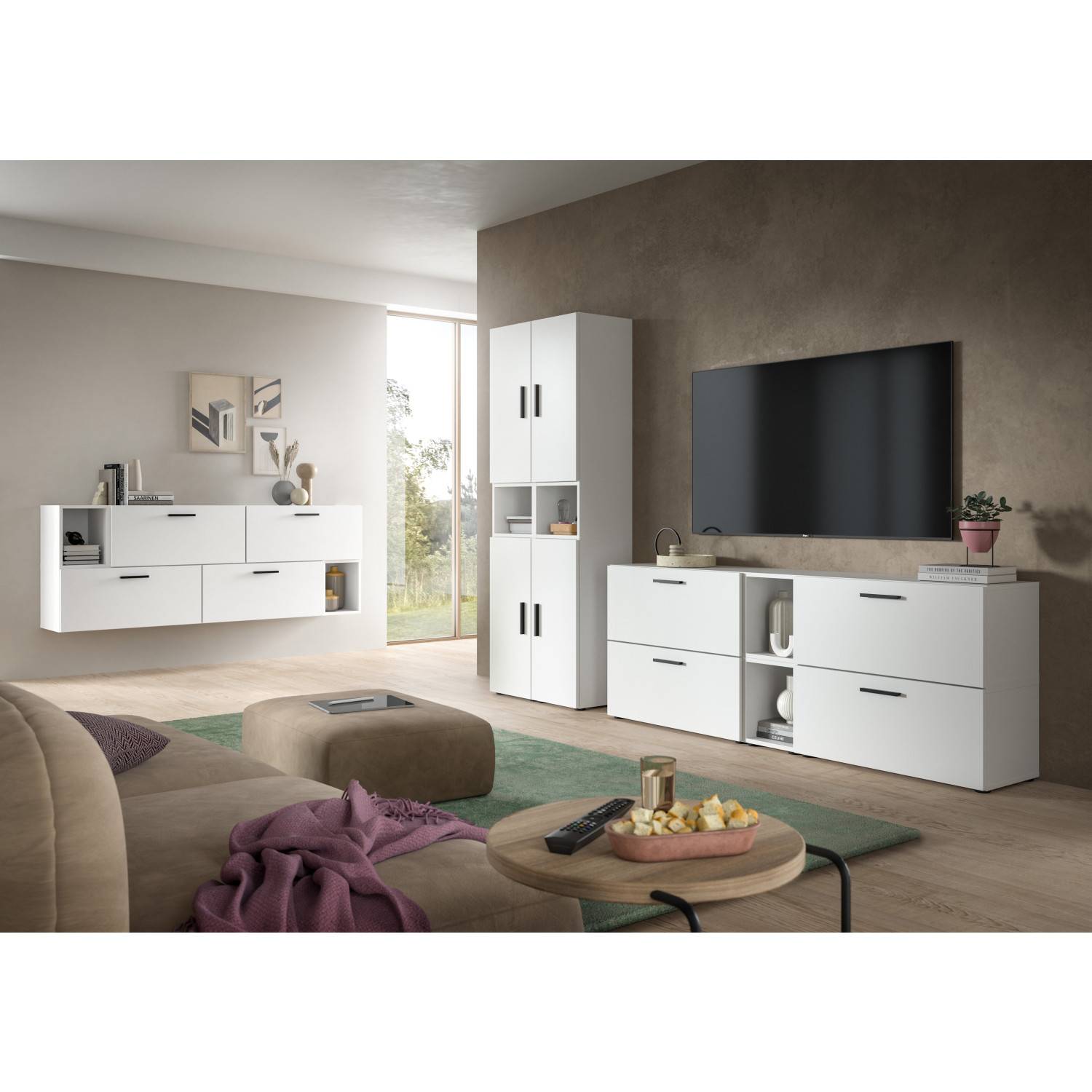 Weiße moderne Wohnwand mit TV-Lowboard, Hängeschrank und hohem Regal – Actionsa